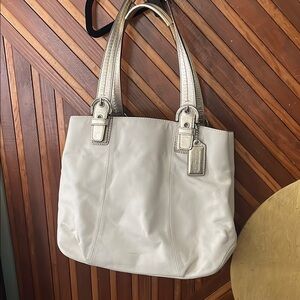 Coach White and Silver Leather Tote Bag